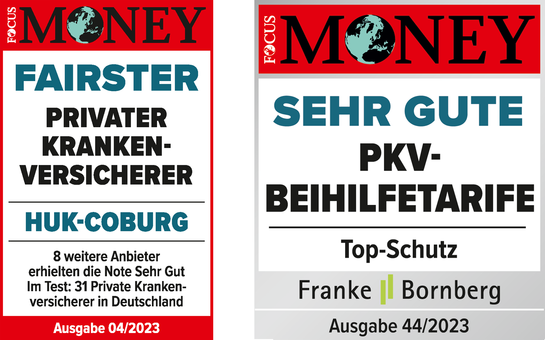 Focus Money „Fairster privater Krankenversicherer“ (Ausgabe 4/2024) und Beste PKV-Beihilfetarife (Ausgabe 44/2024)