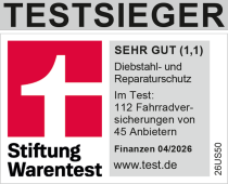 Stiftung Warentest: SEHR GUT (1,1) TESTSIEGER Fahrradversicherungen Diebstahl- und Reparaturschutz