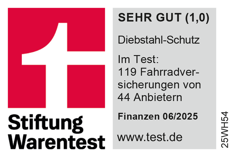 Stiftung Warentest Siegel: Sehr gute Bewertung (1,0) des Diebstahl-Schutz der Fahrradversicherung.