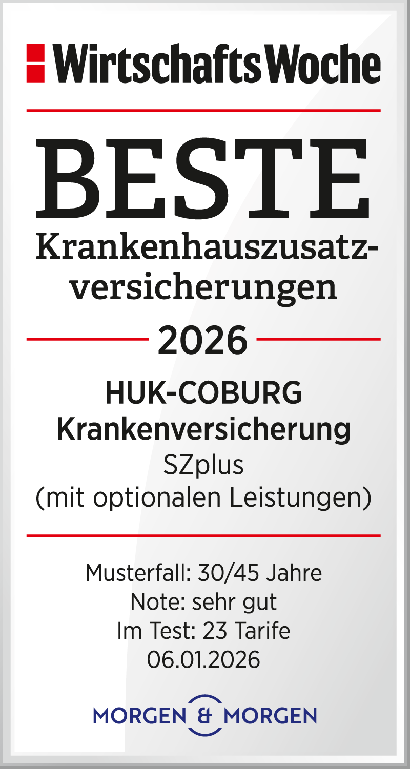 Zertifikat der WirtschaftsWoche: Beste Krankenhauszusatzversicherungen 2026. HUK-COBURG SZplus, Bewertung "sehr gut", getestet mit 23 Tarifen am 06.01.2026. 
