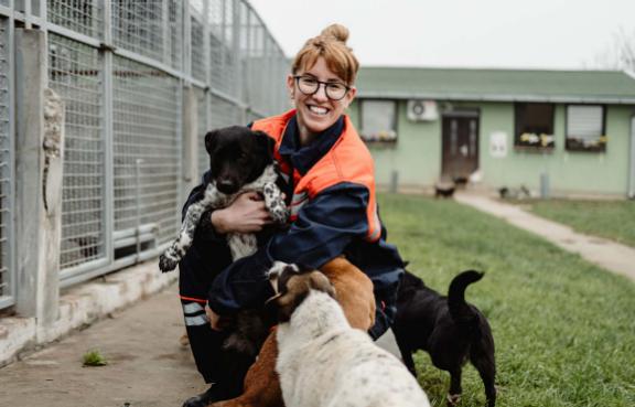 Eine Frau tollt mit drei Hunden vor einem Tierheim.