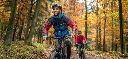 Zwei Mountainbiker radeln im Wald.