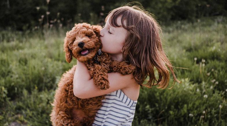 Mädchen hält einen kleinen Hund im Arm und küsst ihn.