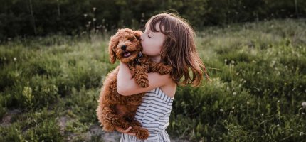 Ein kleines Mädchen küsst einen kleinen kuscheligen Hund, den sie auf dem Arm trägt.