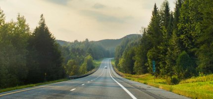 Auto fährt auf einer langen Straße umringt von Wald.