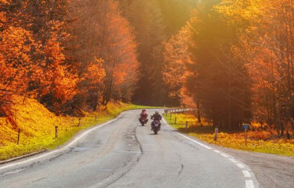 Zwei Motorradfahrer fahren durch eine Herbstlandschaft.