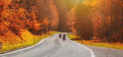 Zwei Motorradfahrer fahren durch eine Herbstlandschaft.