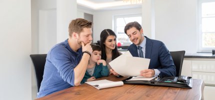 Junge Familie mit einem Kind wird zuhause am Küchentisch von einem Versicherungsberater beraten.