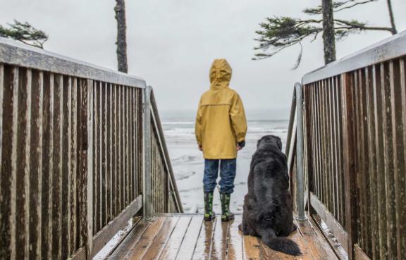 Ein Junge steht neben seinem Hund im Regen auf einem Holzweg und schaut in einem gelben Regenmantel auf das stürmische Meer.