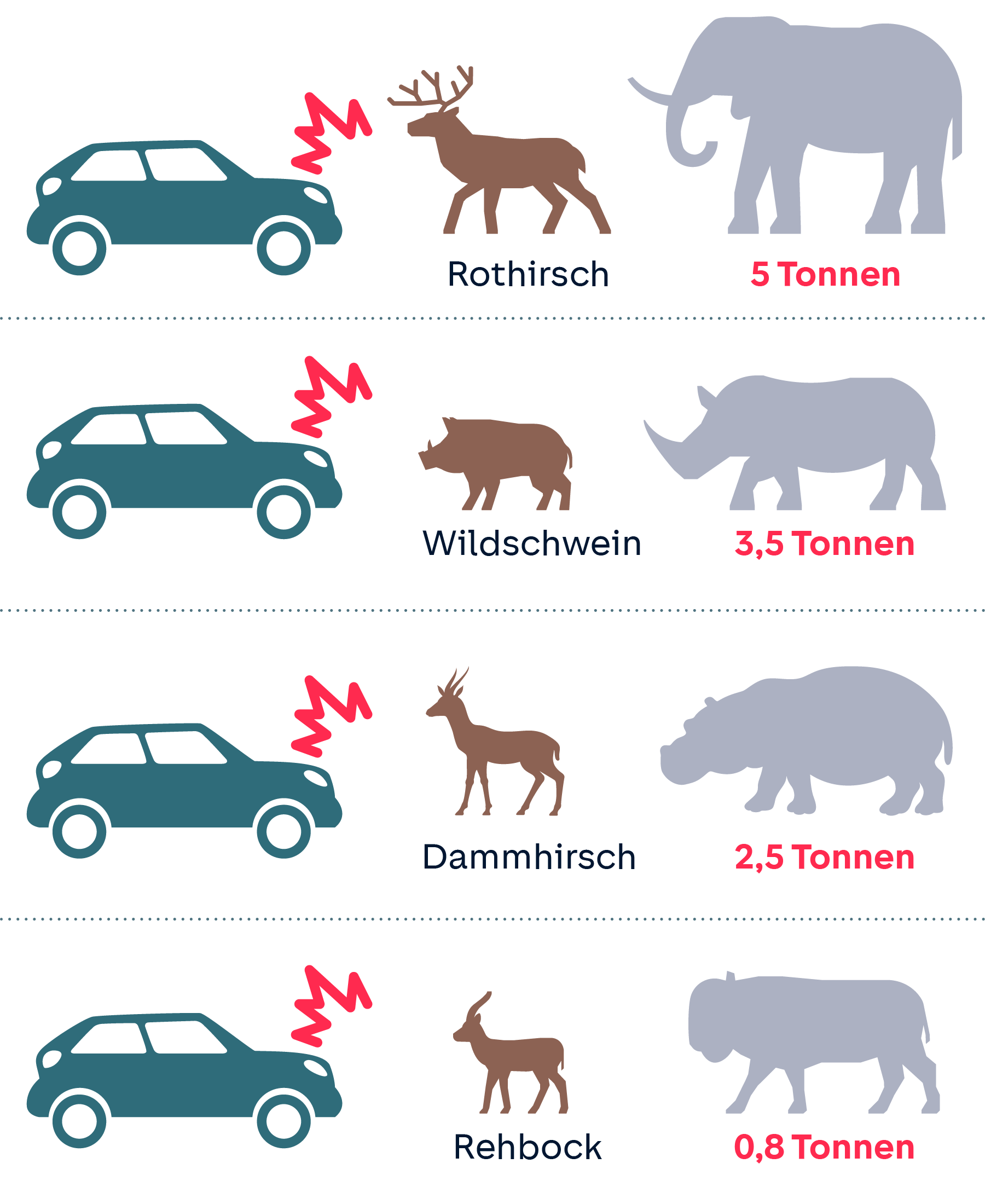 Infografik: Aufprallkraft eines Autos auf Rothirsch, Wildschwein, Damhirsch und Rehbock