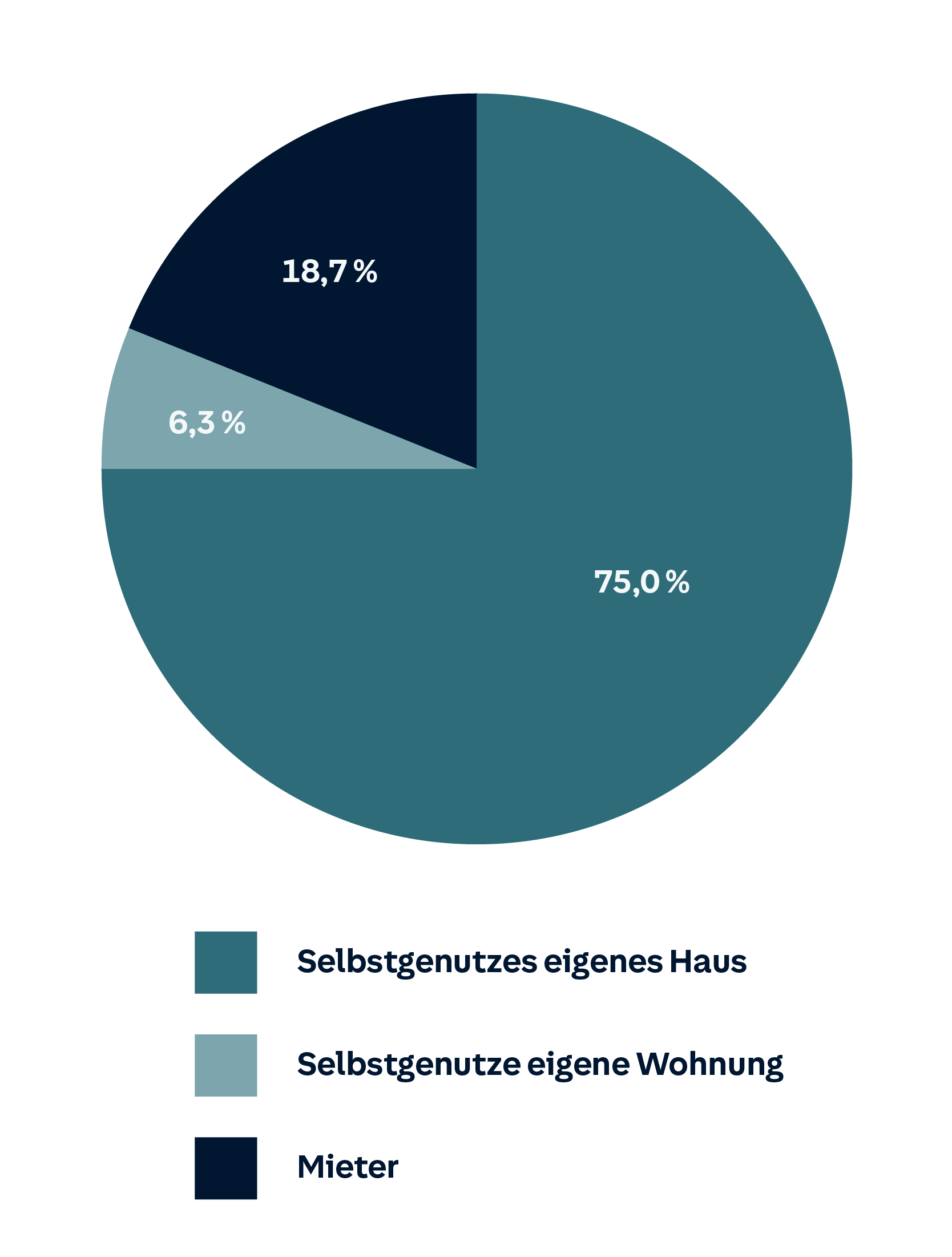 Kreisdiagramm: 75 % selbstgenutztes Haus, 6,3 % selbstgenutzte Wohnung, 18,7 % Mieter.