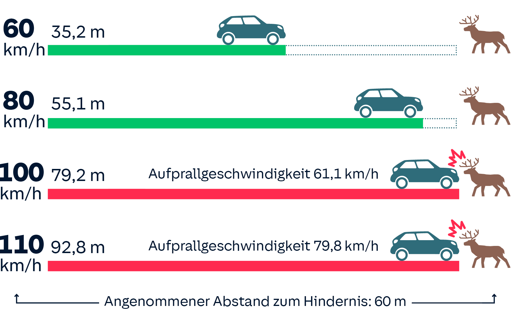 Infografik: Aufprallgeschwindigkeiten und Bremswege beim Wildunfall