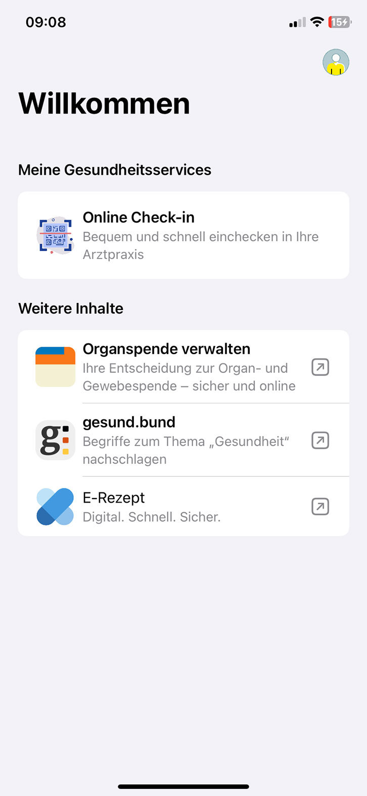 Das Bild zeigt eine Begrüßungsseite. Unter Meine Gesundheitsservices ist der Online Check-in aufgeführt, der ein bequemes und schnelles Einchecken in Arztpraxen ermöglicht. Unter Weitere Inhalte sind die Optionen Organspende verwalten, gesund.bund und E-Rezept zu sehen.