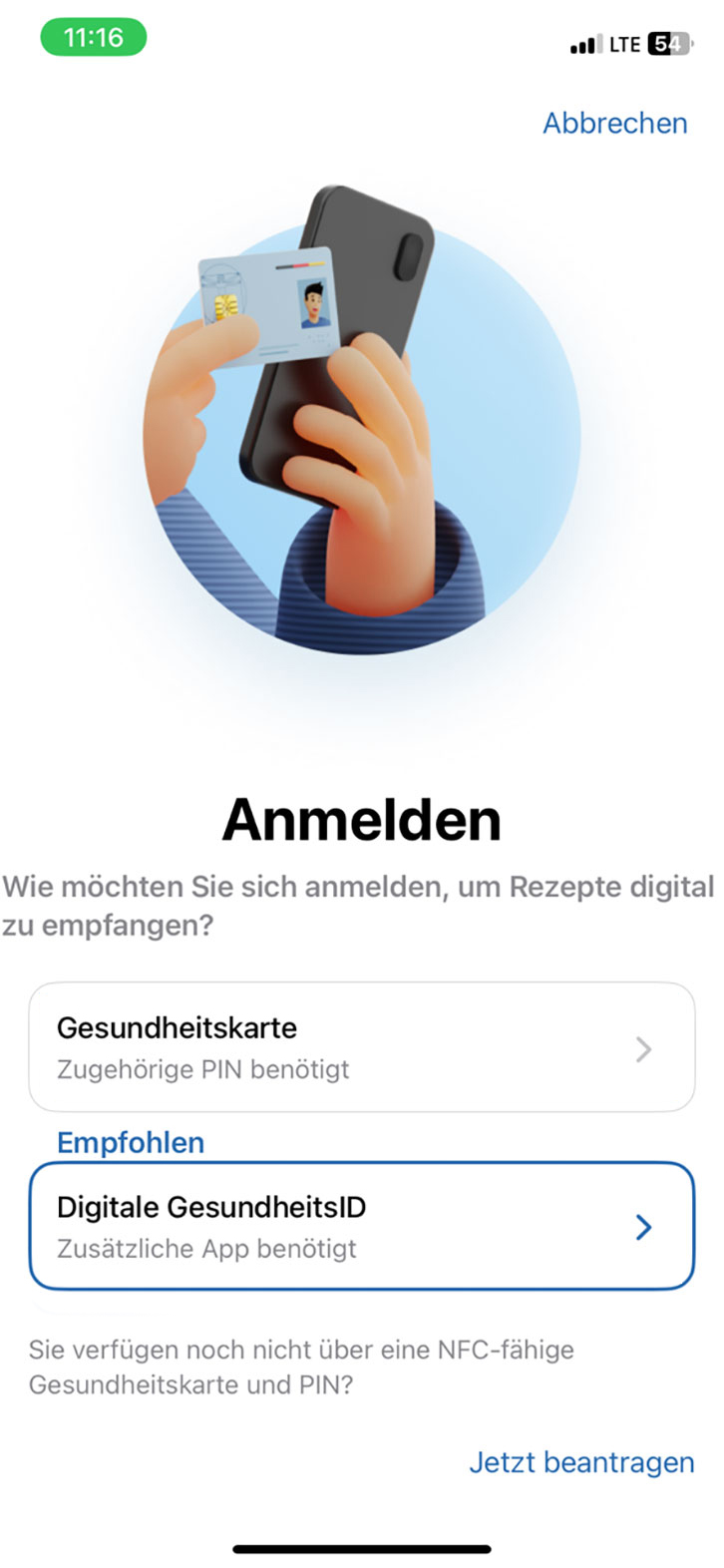 Das Bild zeigt eine Anmeldeseite für den Empfang von digitalen Rezepten. Darunter sind zwei Optionen für die Anmeldung aufgeführt: über die Gesundheitskarte, für die eine zugehörige PIN benötigt wird, und über die Digitale GesundheitsID, die eine zusätzliche App erfordert. Unten gibt es einen Link mit der Möglichkeit, eine NFC-fähige Gesundheitskarte und PIN zu beantragen.