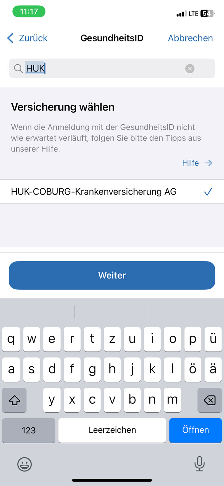 Das Bild zeigt eine Auswahlseite für die GesundheitsID, auf der Nutzer ihre Versicherung wählen können. Oben ist ein Suchfeld zu sehen.