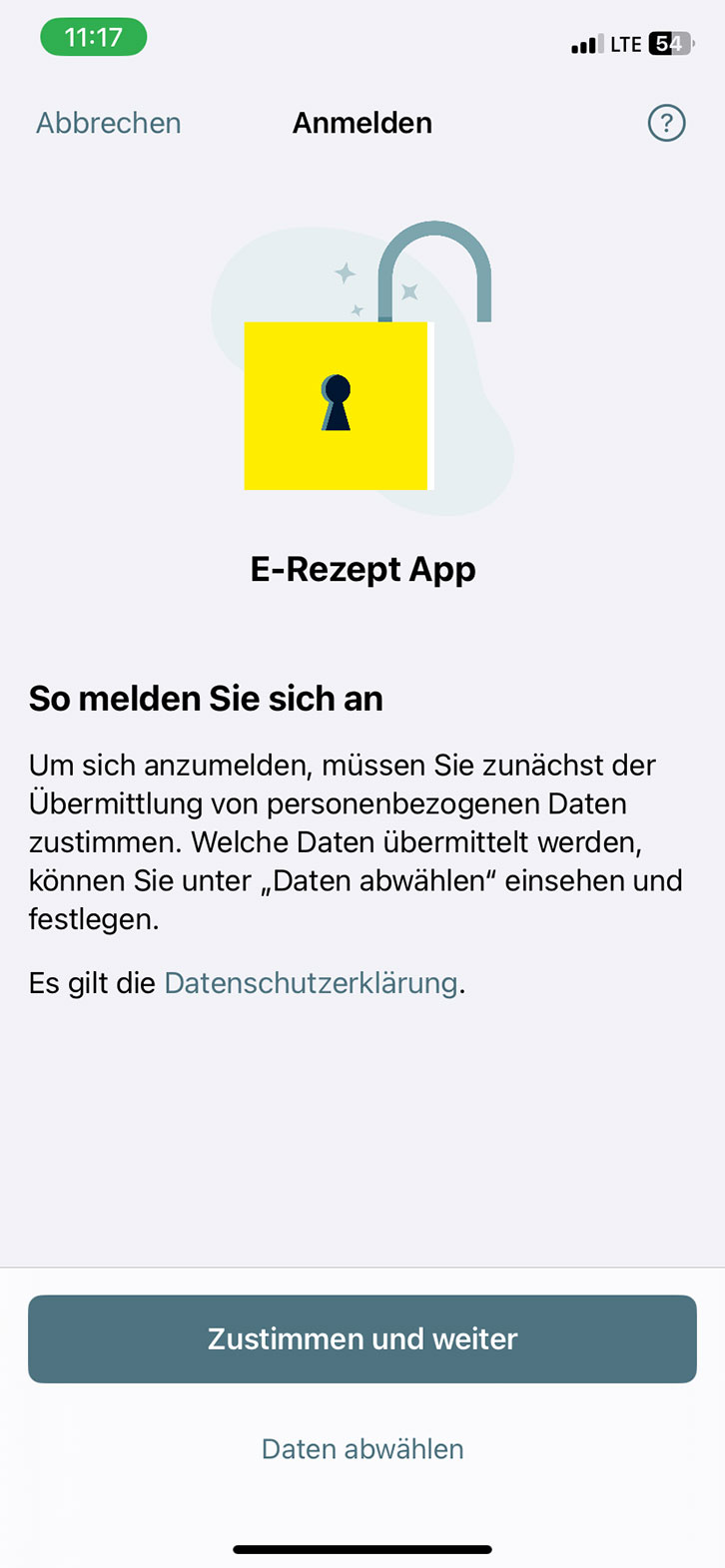 Das Bild zeigt eine Anmeldeseite für die E-Rezept App, auf der Nutzer aufgefordert werden, der Übermittlung personenbezogener Daten zuzustimmen, um sich anzumelden. Ein Link zur Datenschutzerklärung ist ebenfalls vorhanden. Am unteren Rand befinden sich zwei Schaltflächen: Zustimmen und weiter sowie Daten abwählen. 