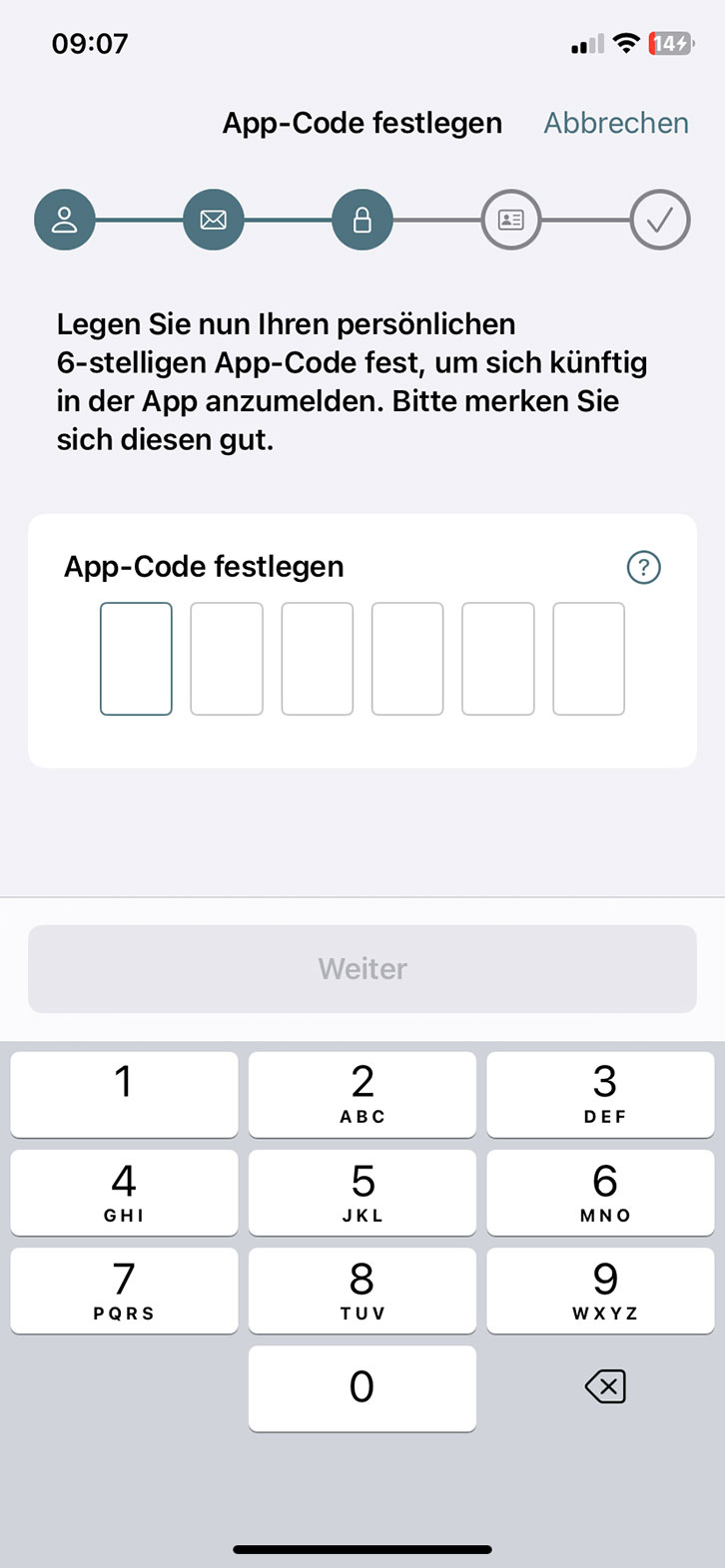 Das Bild zeigt ein Online-Formular zur Festlegung eines persönlichen 6-stelligen App-Codes. Nutzer werden aufgefordert, diesen Code für zukünftige Anmeldungen in der App festzulegen und zu merken.