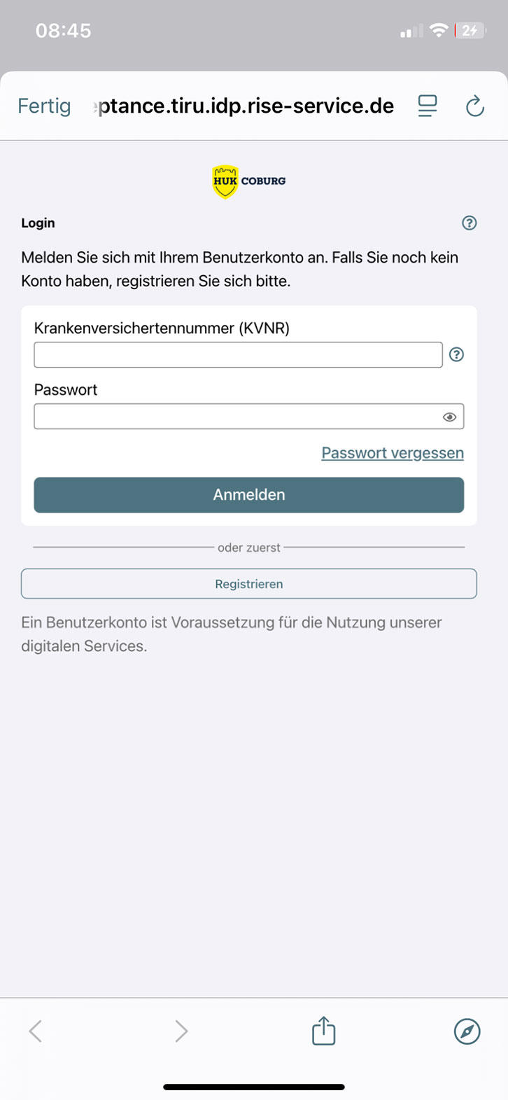 Das Bild zeigt eine Login-Seite für ein Benutzerkonto. Es enthält Eingabefelder für die Krankenversichertennummer und das Passwort. Links zum Passwort vergessen und zur Registrierung sind vorhanden. Eine Anmelden-Schaltfläche ist sichtbar. 