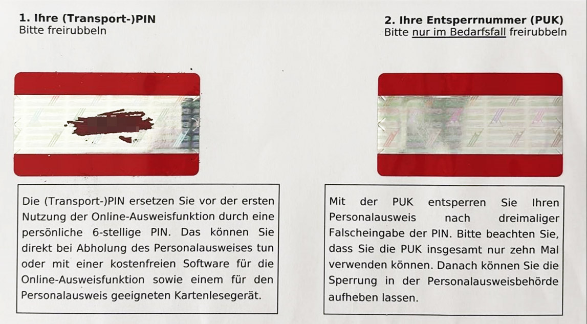 Das Bild zeigt eine Anleitung zur Freirubbelung von Sicherheitsinformationen auf einem Dokument. Links ist die Transport-PIN zu sehen, rechts befindet sich die Entsperrnummer PUK.