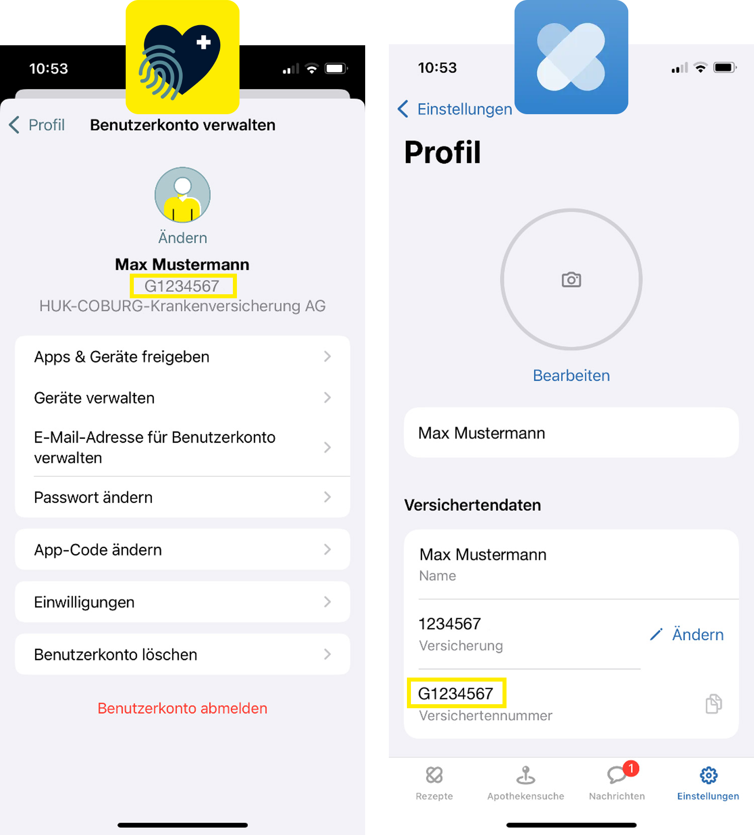 Das Bild zeigt zwei Screenshots von Benutzerkontoverwaltungsseiten. Der linke Screenshot zeigt die Seite Benutzerkonto verwalten. Der rechte Screenshot zeigt die Profilseite in den Einstellungen mit einem Platzhalter für ein Profilbild und der Möglichkeit, das Profil zu bearbeiten. 