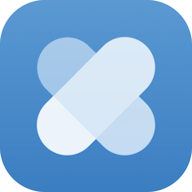 Logo der App E-Rezept: blauer Hintergrund mit einem Symbol, das aus weißen und blauen ovalen Formen besteht.