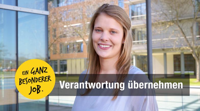 Carolin Wachter vor der HUK-COBURG, daneben Text: Ein ganz besonderer Job: Verantwortung übernehmen