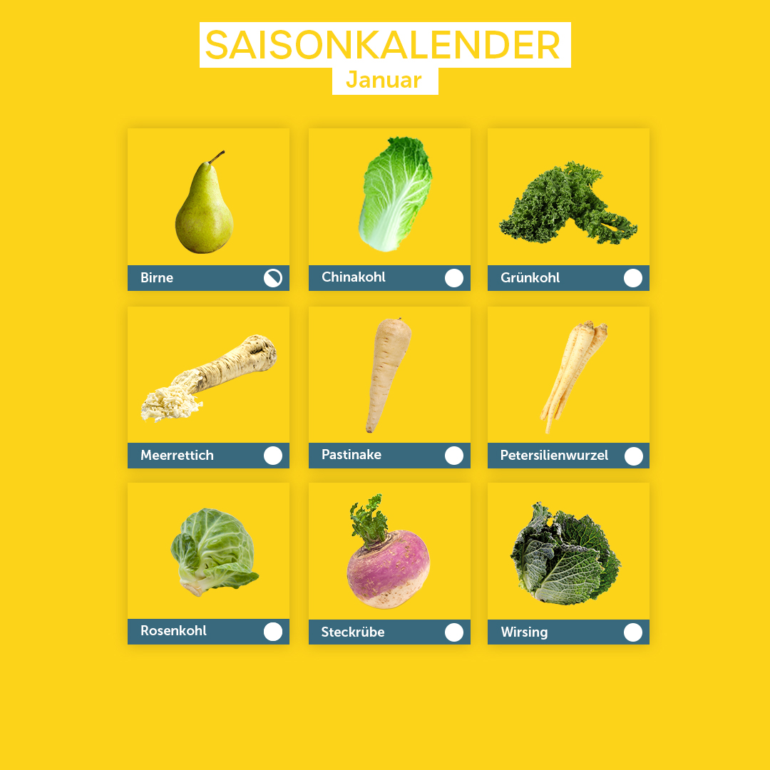 Saisonkalender Januar: Birne, Chinakohl, Grünkohl, Meerrettich, Pastinake, Petersilienwurzel, Rosenkohl, Steckrübe, Wirsing