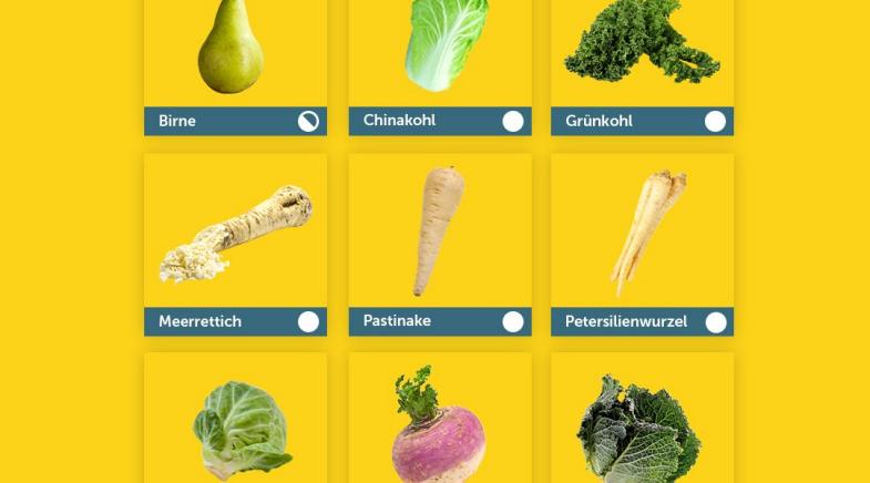 Das Bild zeigt einen Saisonkalender für den Monat Januar. Es sind neun verschiedene Obst- und Gemüsesorten abgebildet, die in dieser Zeit Saison haben: Birne, Chinakohl, Grünkohl, Meerrettich, Pastinake, Petersilienwurzel, Rosenkohl, Steckrübe und Wirsing. Jede Sorte ist in einem eigenen Feld mit Bild und Namen dargestellt. Der Saisonkalender informiert darüber, welche frischen Produkte im Januar erhältlich sind.