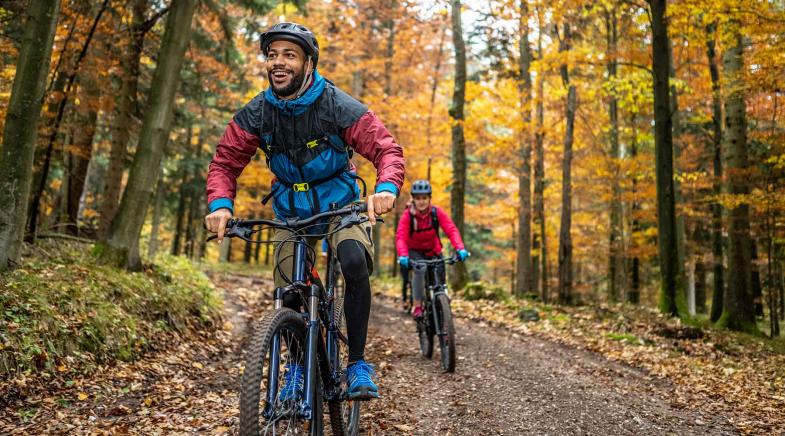 Zwei Mountainbiker radeln im Wald.