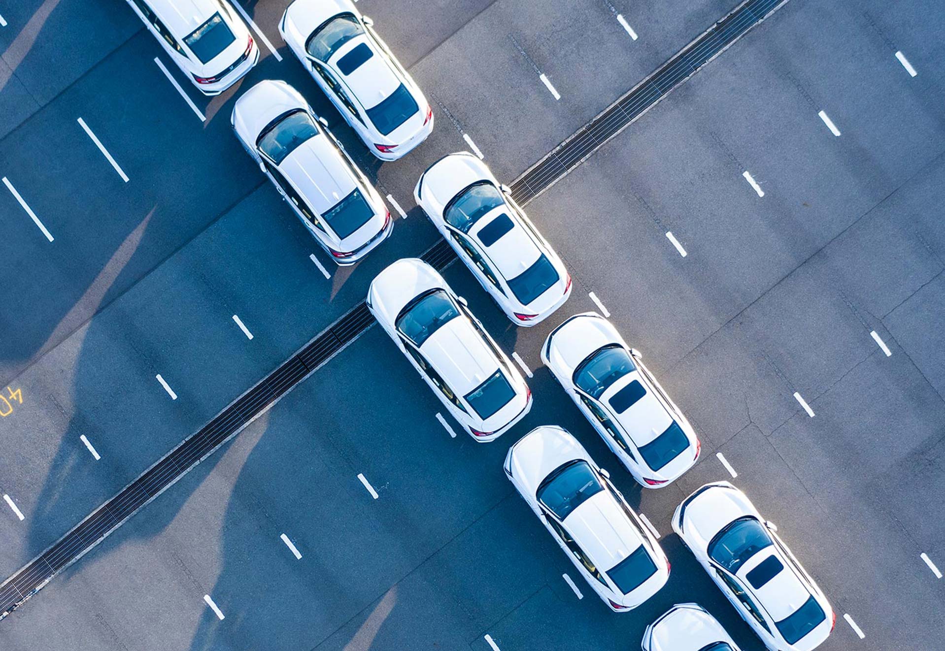 Zwei Reihen weißer Autos von oben.