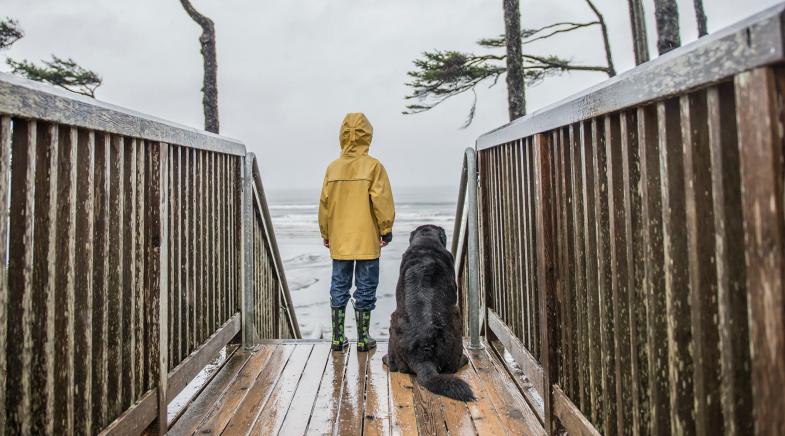 Ein Junge steht neben seinem Hund im Regen auf einem Holzweg und schaut in einem gelben Regenmantel auf das stürmische Meer.