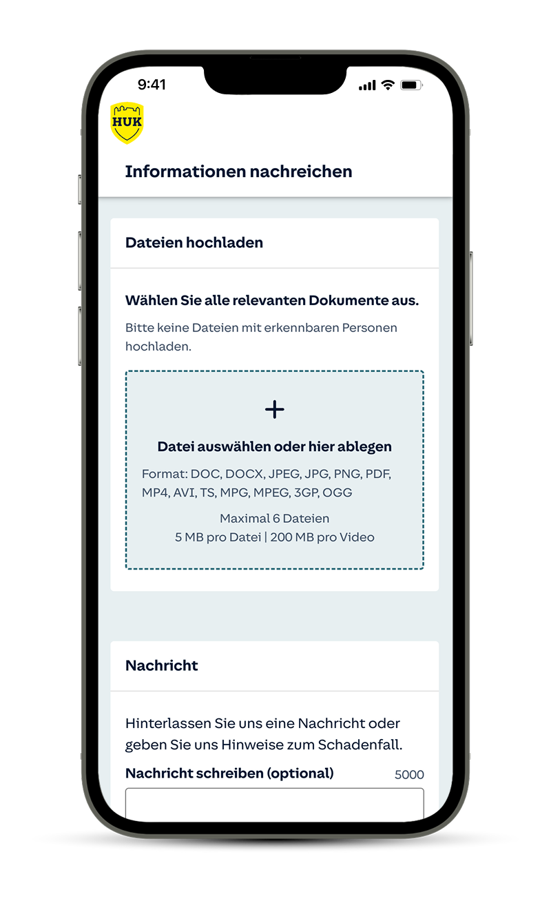Handy Screen: Informationen nachreichen, Dateien hochladen