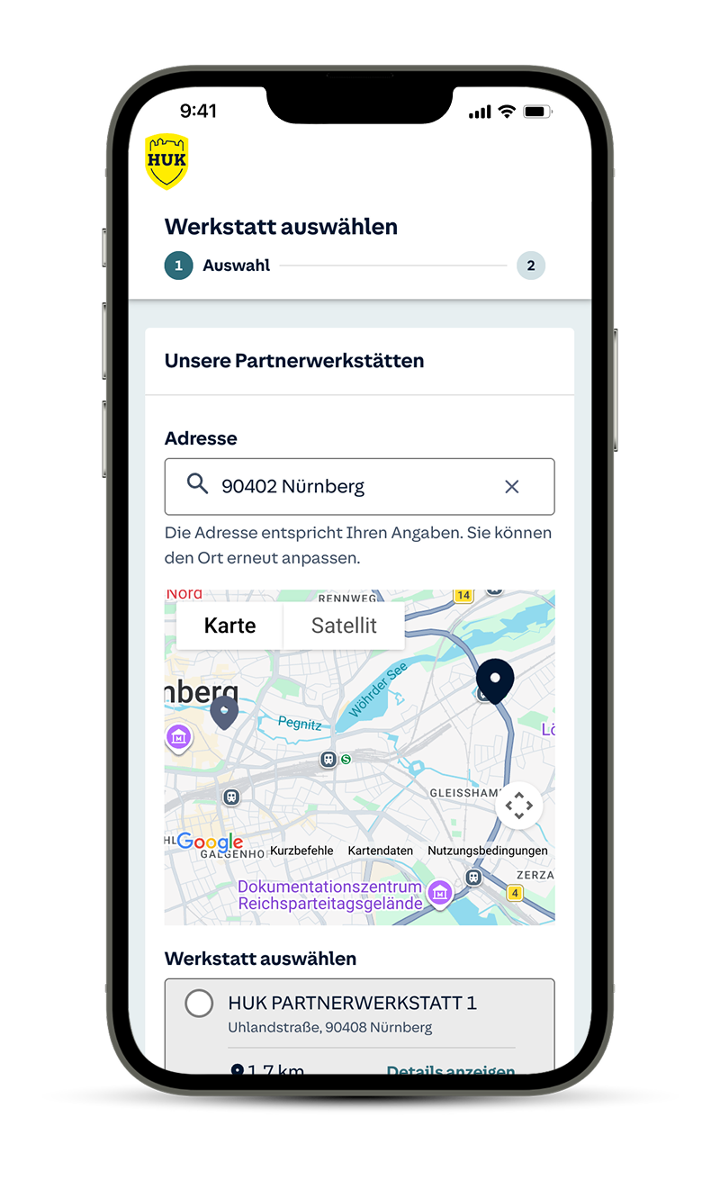 Handy Screen: Werkstatt auswählen