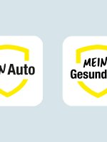 Die Logos der beiden HUK-Apps nebeneinander: HUK App Mein Auto & HUK App Meine Gesundheit