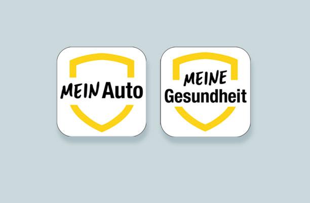 Die Logos der beiden HUK-Apps nebeneinander: HUK App Mein Auto & HUK App Meine Gesundheit