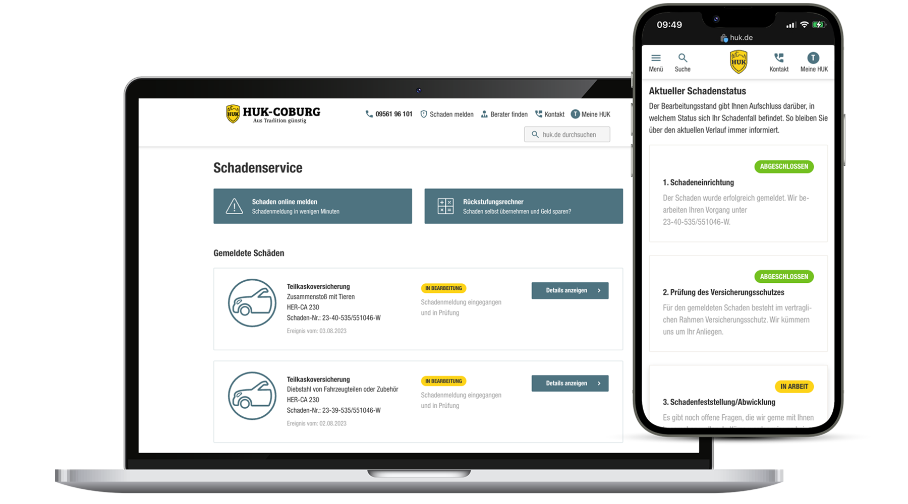 Laptop und Smartphone mit Screens des HUK-Kundenordners auf den Bildschirmen
