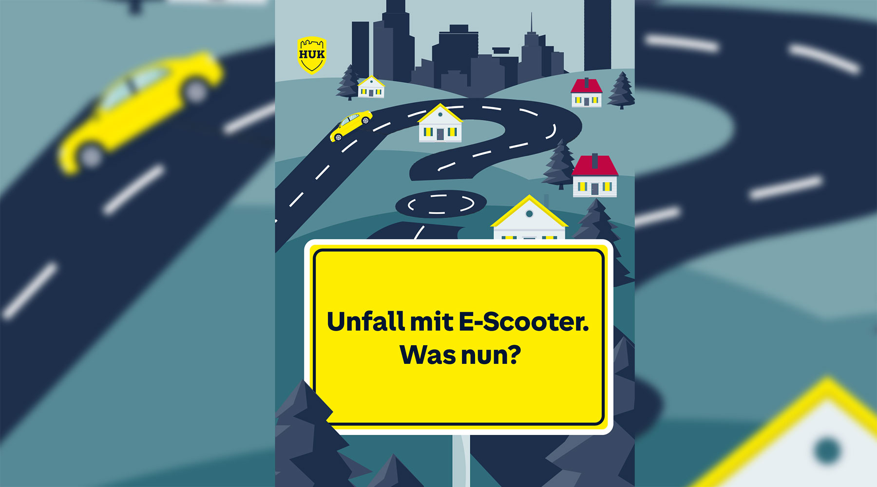 Stilisierten Stadtlandschaft mit einem gelbem Ortsschild mit der Aufschrift Unfall mit E-Scooter, was nun